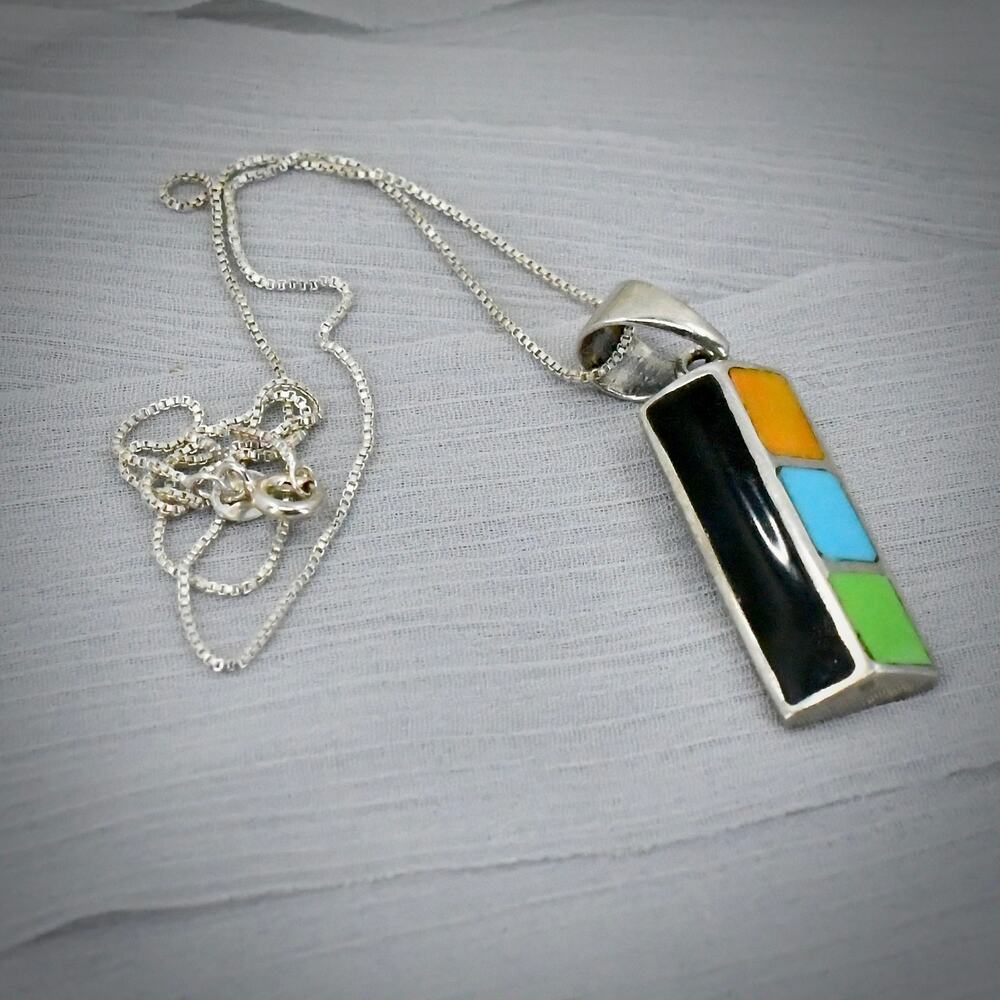 Vintage 925 Sterling Silver Multi Stone Inlay Bar Pendant Necklace Italy Chain